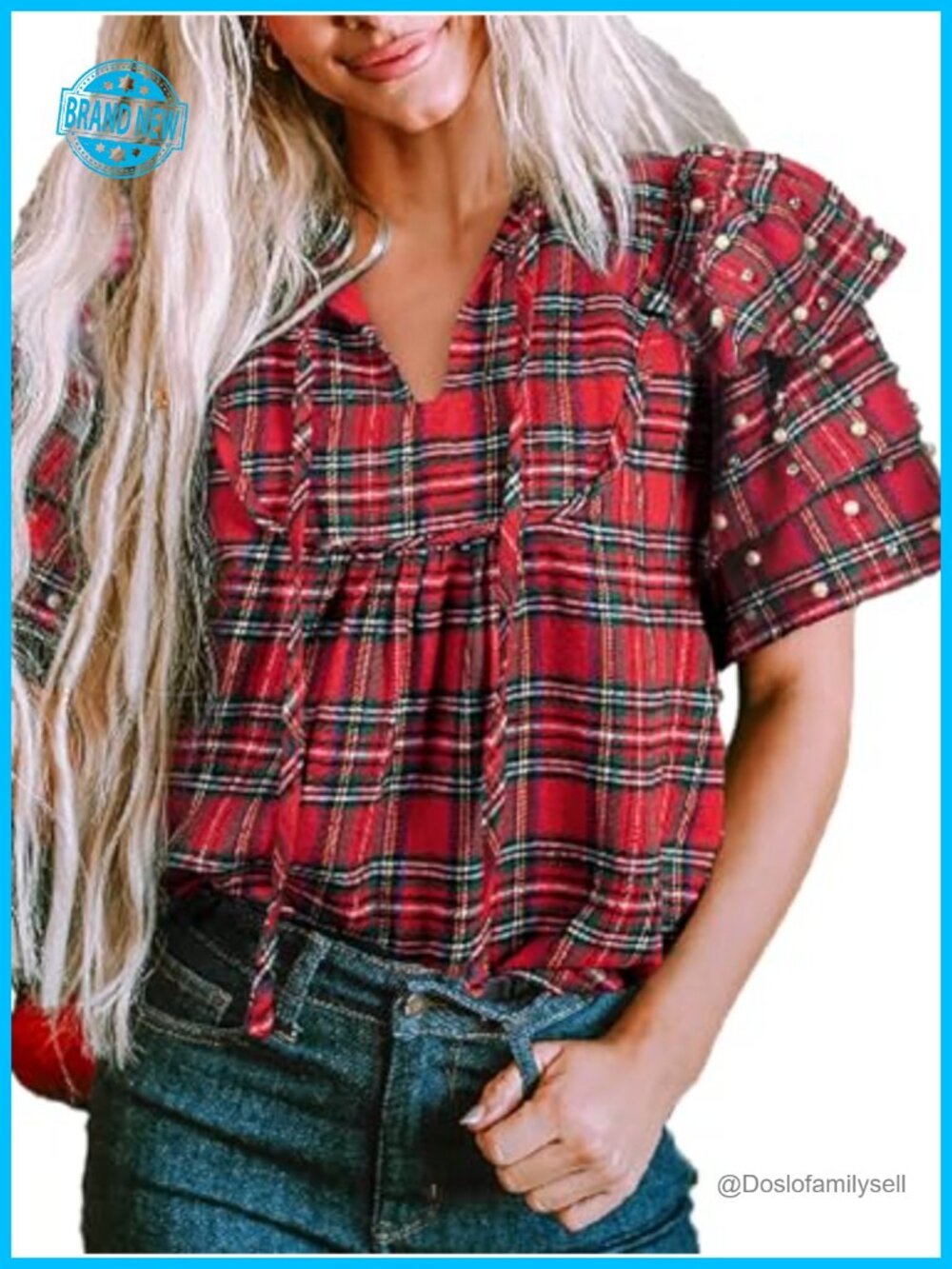 Womens Plaid Pearl Ruffle Sleeve V Neck Loose Fit Tee Top